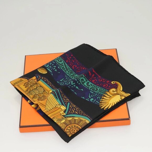 HERMES Carre 90 Scarf ""L ATLANTIDE"" Silk Black Auth am8297 - Picture 1 of 16